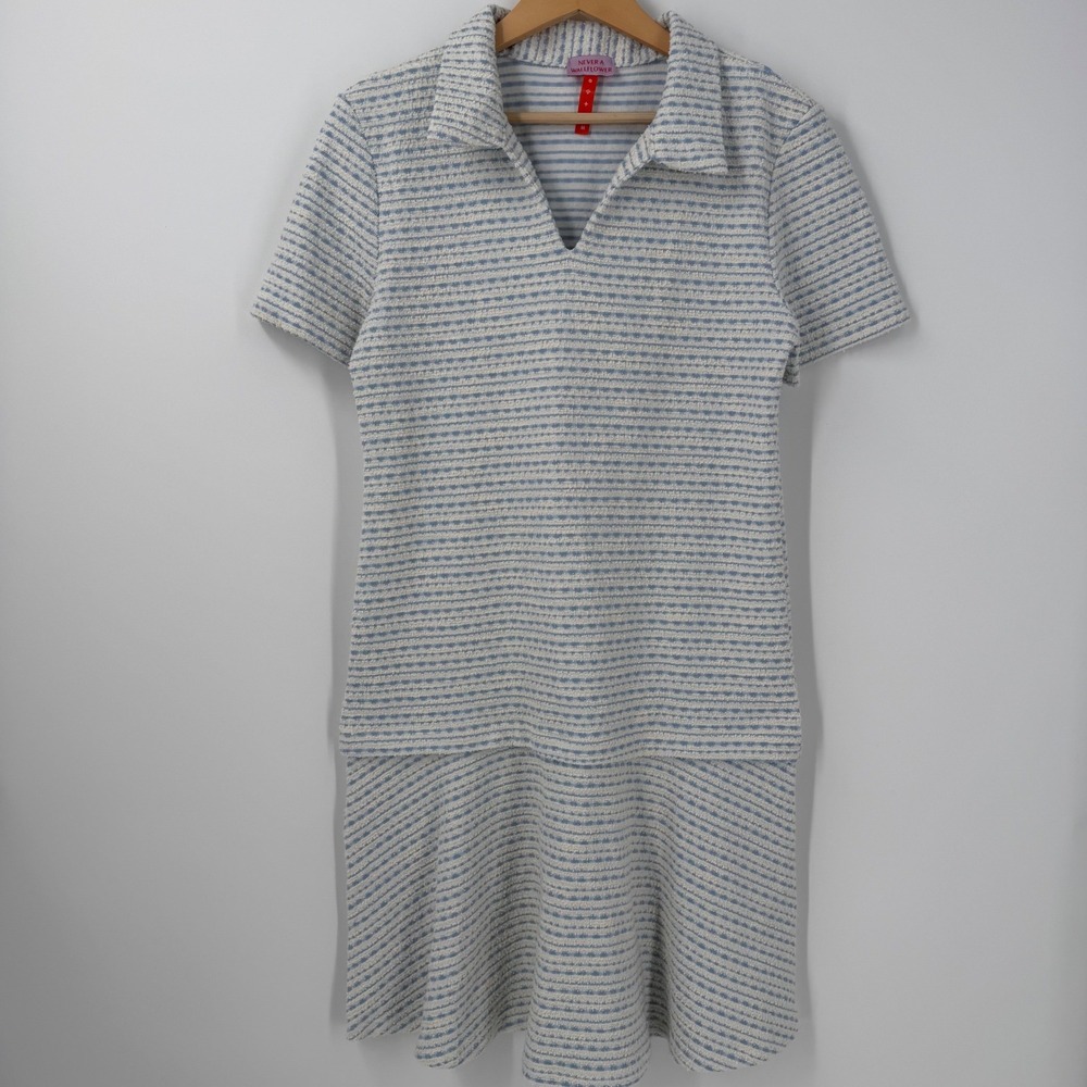 Never A Wallflower Blue White Striped Terry Cloth Drop Waist Polo Dress Medium
